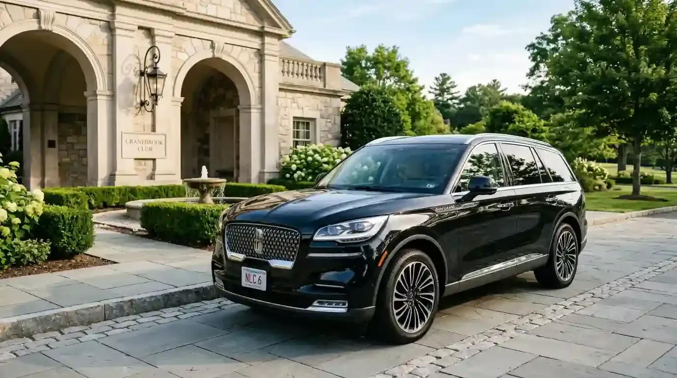 Black 2026 Lincoln Aviator executive black car parked in Woburn for luxury chauffeur and black car transportation service.

