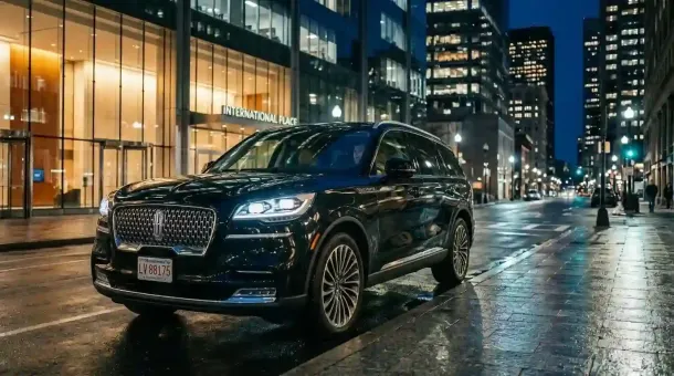 Black 2026 Lincoln Aviator executive black car parked in Boston  for luxury chauffeur and private transportation service.

