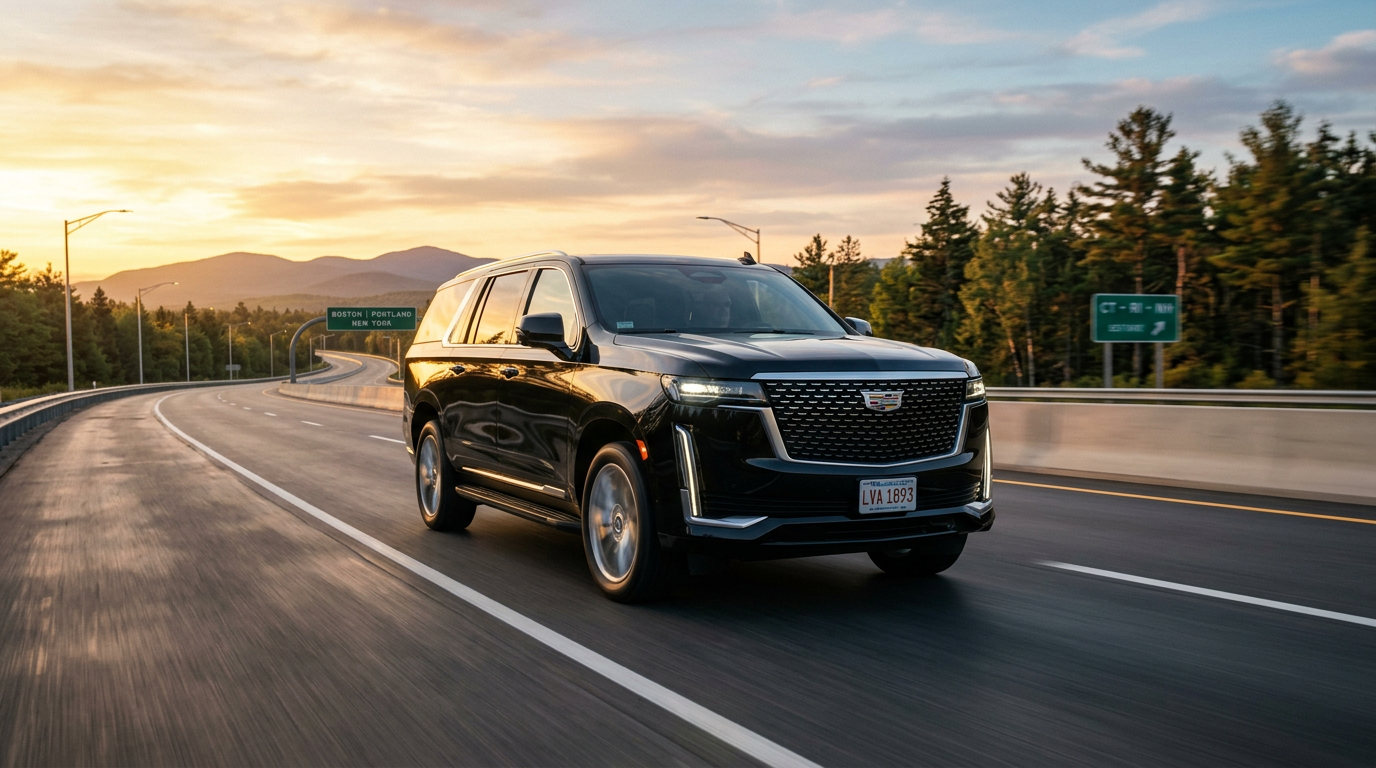 Black SUV driving on a highway at sunset with mountains and trees in the background