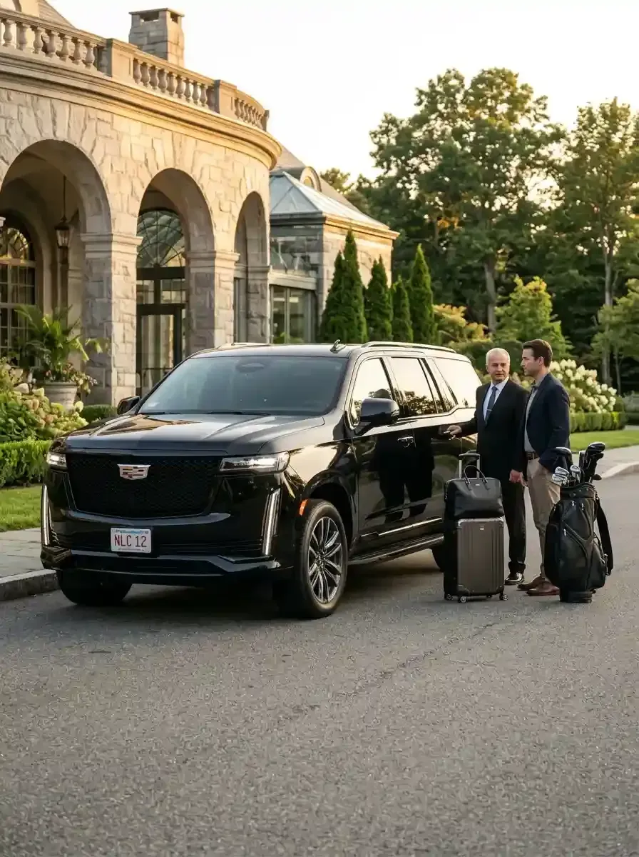 Luxury black SUV providing private car service from Medfield to Boston Logan International Airport