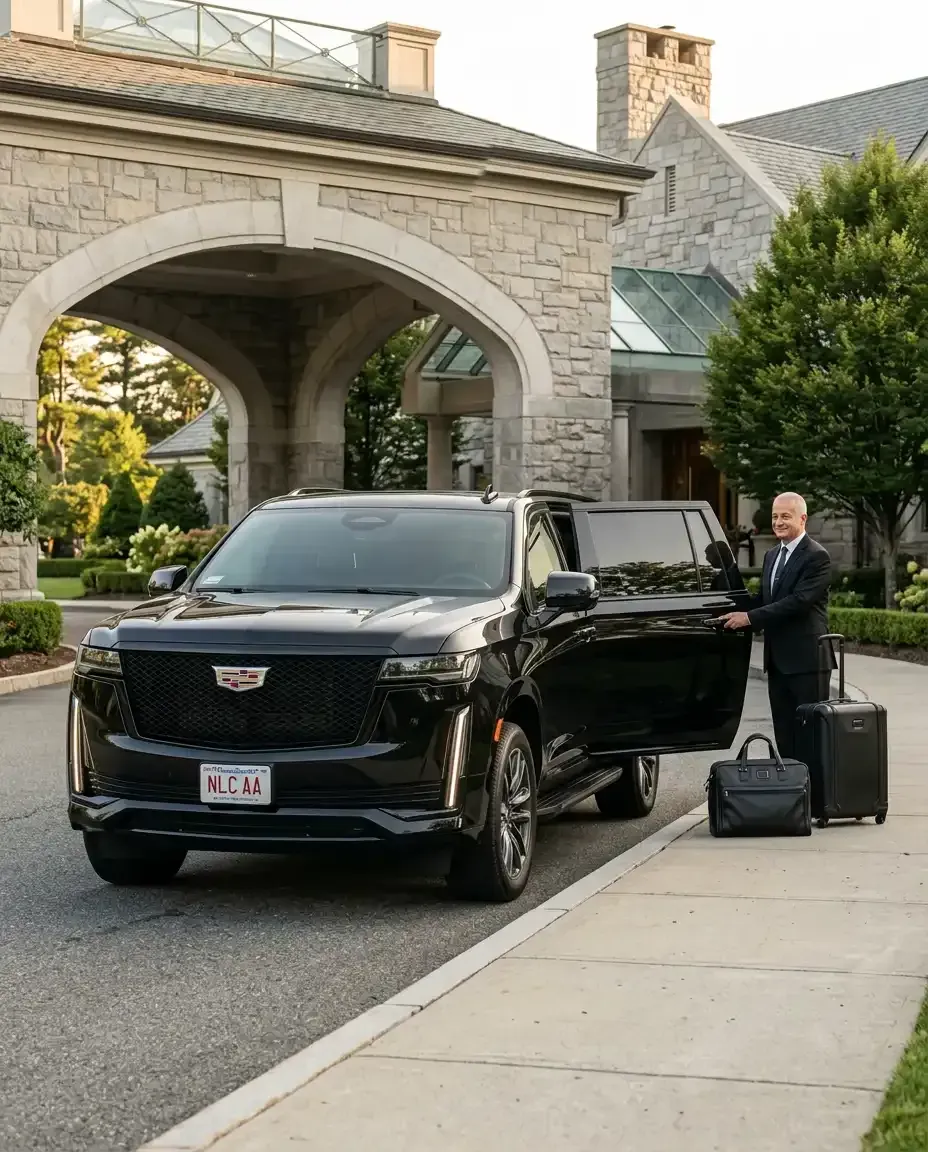 Executive traveler using private black car service from Newton to Boston Logan International Airport