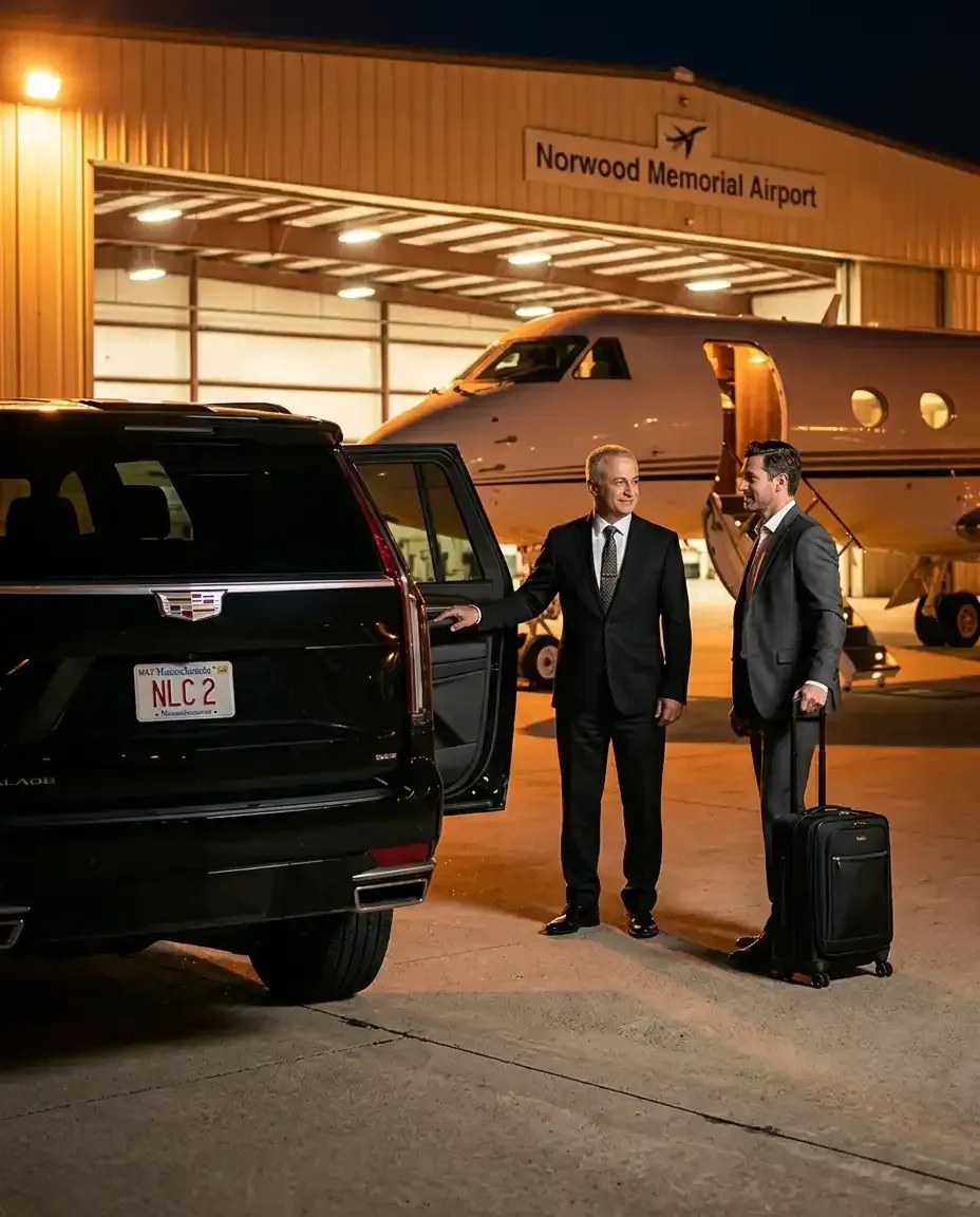 Professional private aviation chauffeur service at Norwood Memorial Airport OWD