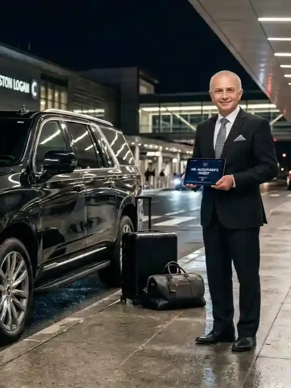 Professional chauffeur assisting arriving passengers with private transportation from Boston Logan International Airport