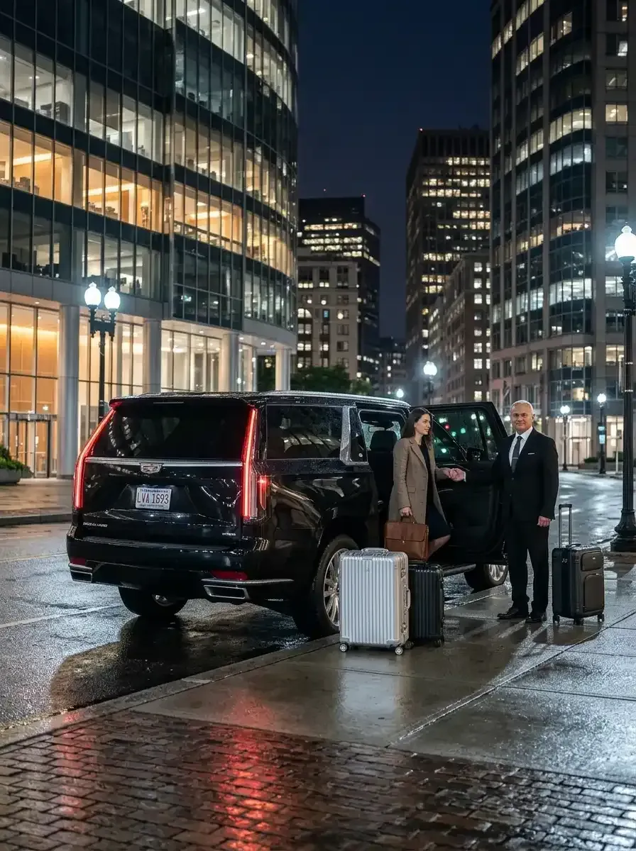 Professional chauffeur assisting passengers with luxury black car transportation in Boston, Massachusetts