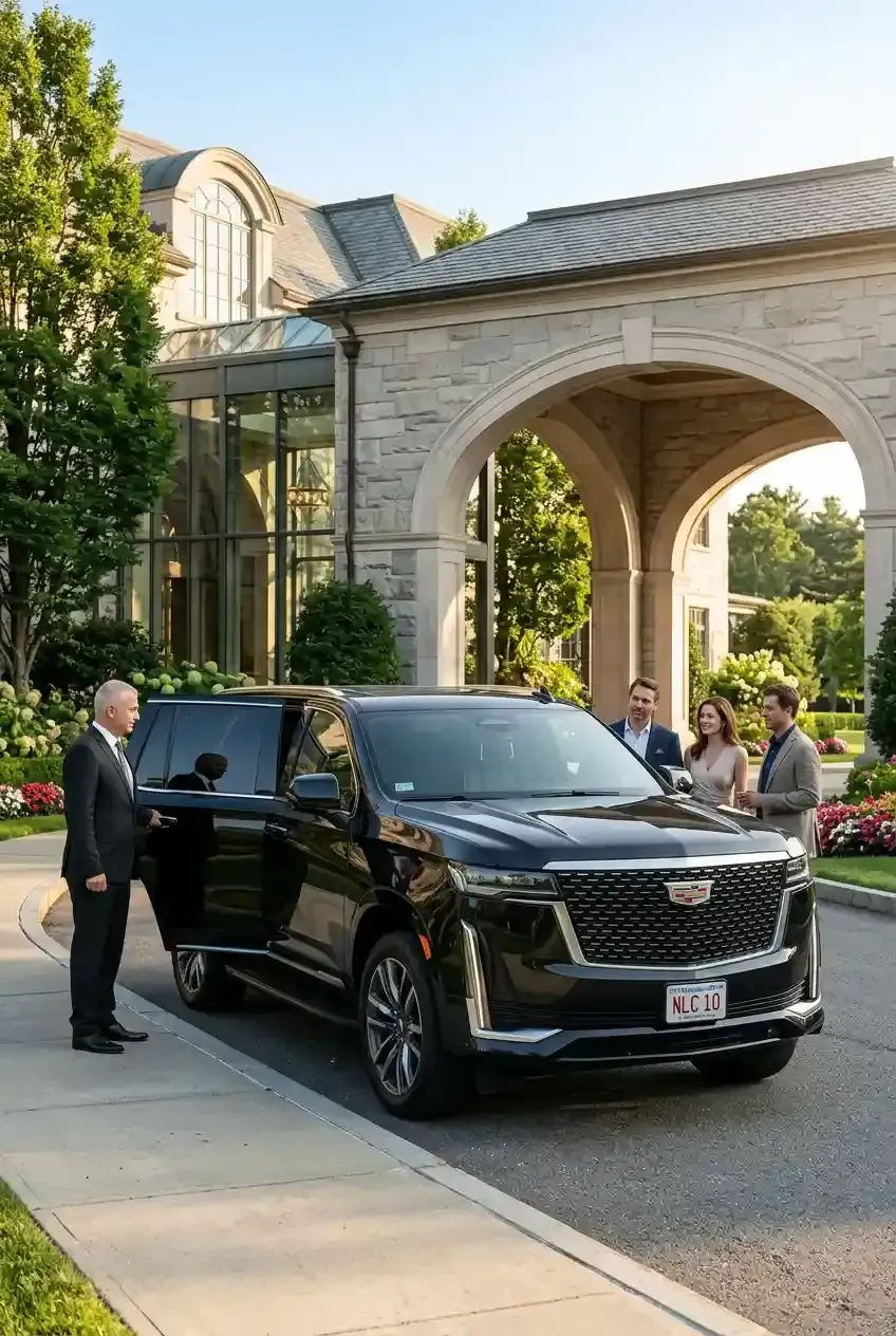 Professional chauffeur opening a luxury black SUV for passengers in Brookline, Massachusetts