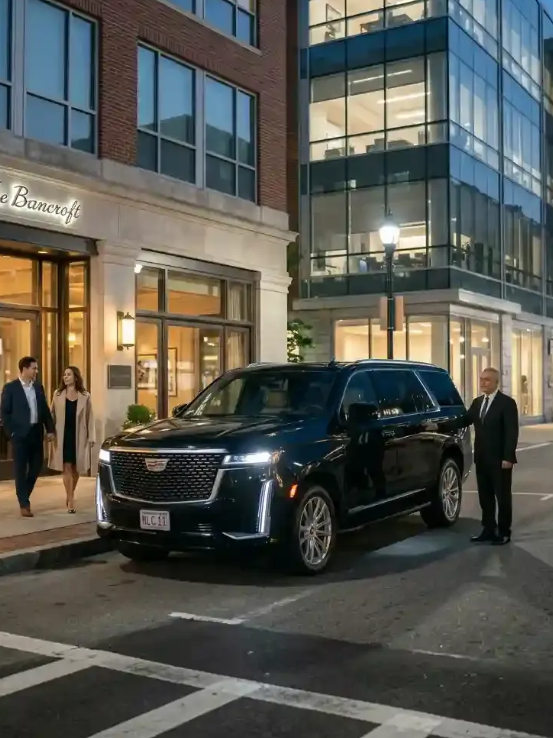Professional chauffeur assisting passengers with luxury black car transportation in Burlington, Massachusetts