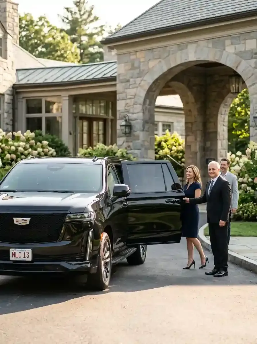 Professional chauffeur opening a luxury black SUV for passengers in Cambridge, Massachusetts