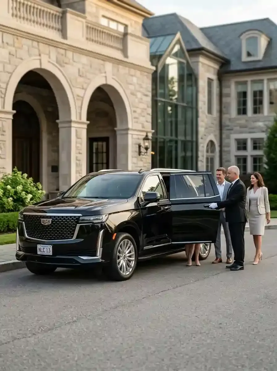 Professional chauffeur opening a luxury black vehicle for passengers in Canton, Massachusetts