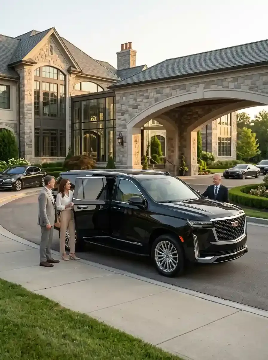 Professional chauffeur assisting passengers beside a luxury black SUV in Carlisle, Massachusetts