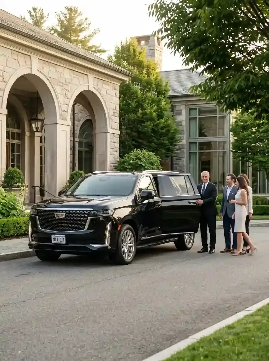 Professional chauffeur opening a luxury black SUV for passengers in Clifton, Massachusetts
