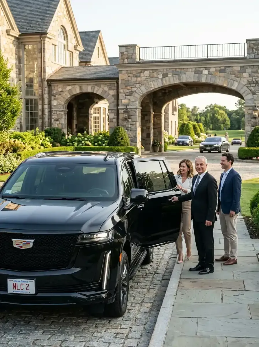 Professional chauffeur assisting passengers with luxury black car transportation in Concord, Massachusetts