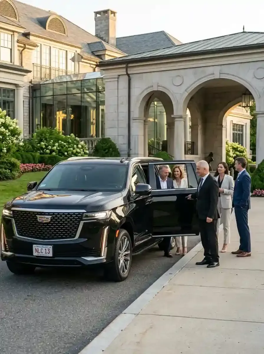 Professional chauffeur opening a luxury black SUV for passengers in Danvers, Massachusetts