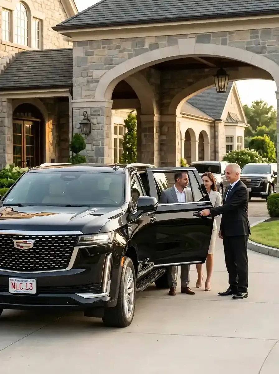 Professional chauffeur opening a luxury black vehicle for passengers in Dover, Massachusetts