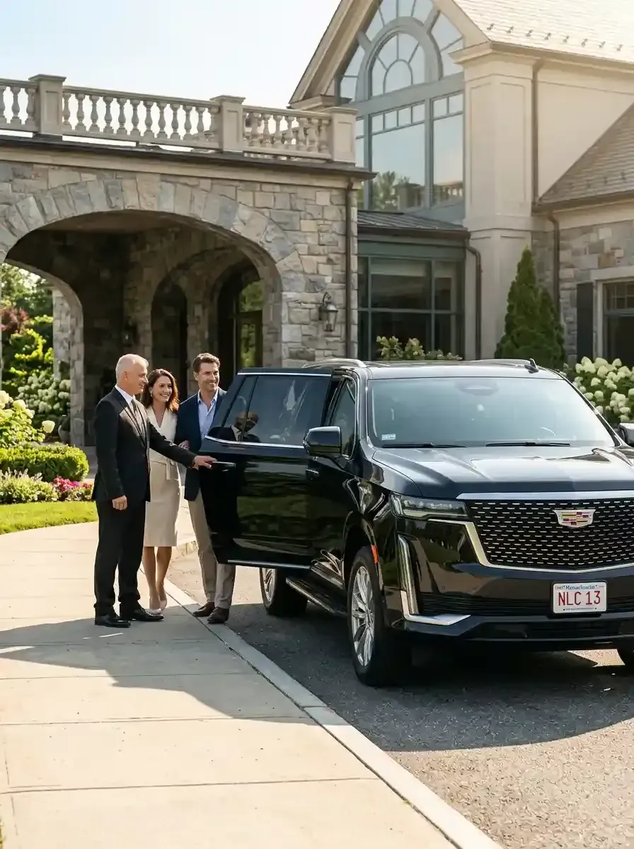 Professional chauffeur assisting passengers with luxury black car transportation in Lincoln, Massachusetts