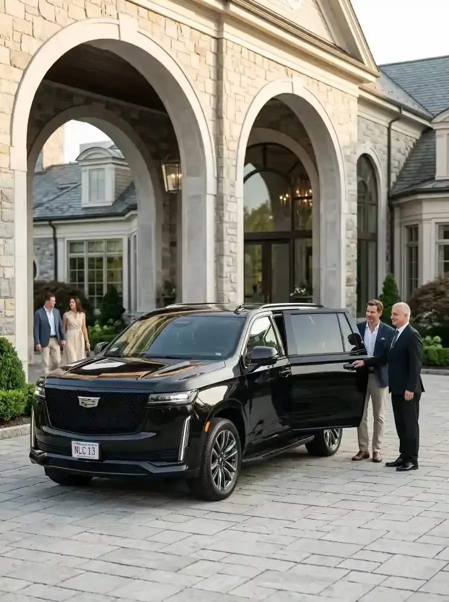 Professional chauffeur assisting passengers with luxury black car transportation in Marblehead, Massachusetts