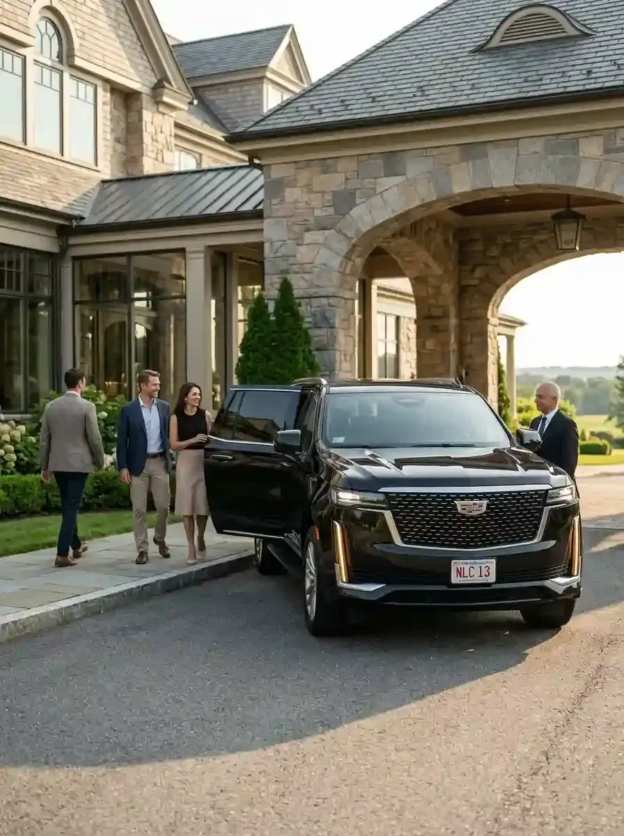 Professional chauffeur assisting passengers with luxury black car transportation in Medfield, Massachusetts