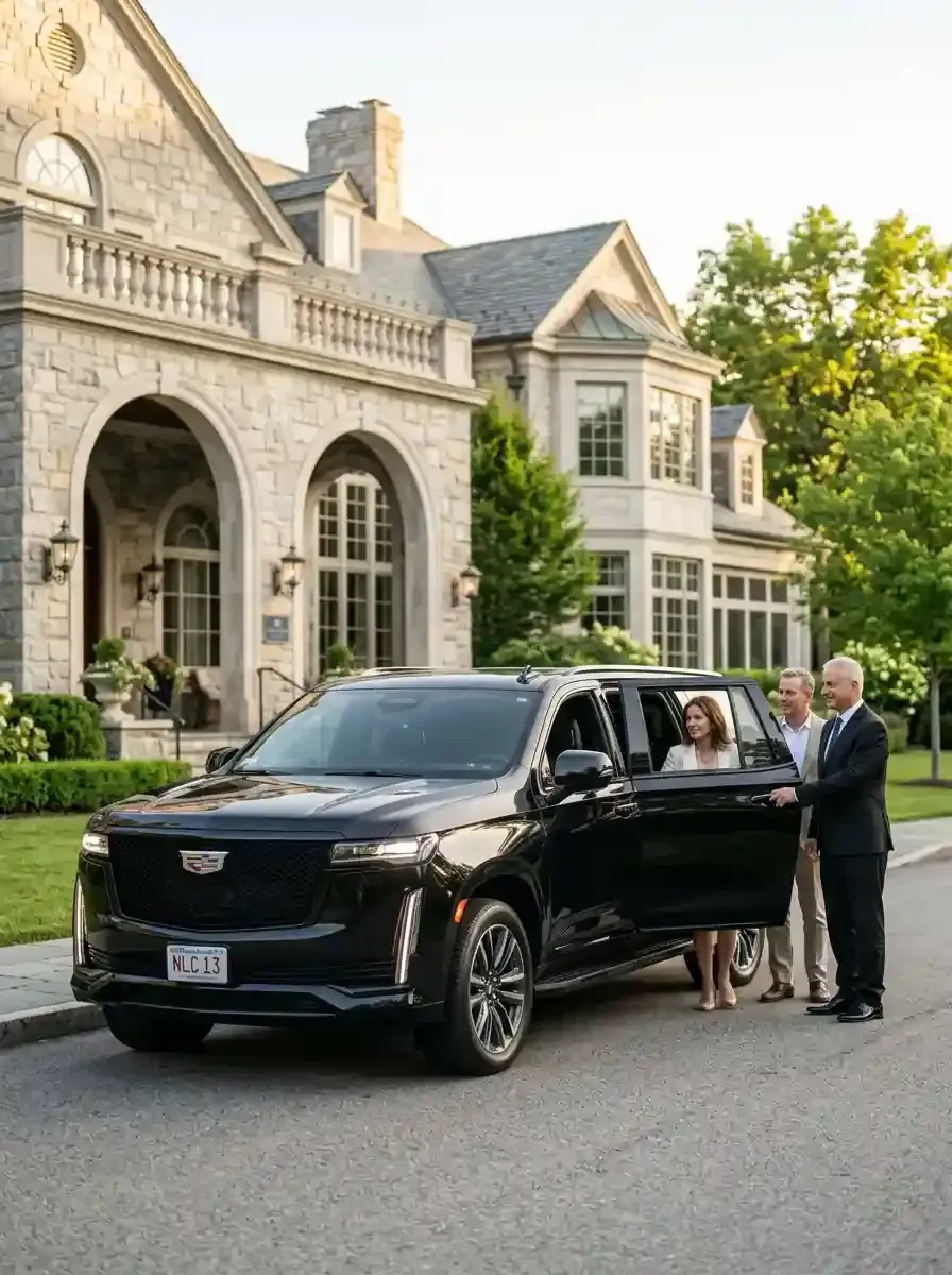 Professional chauffeur assisting passengers with luxury black car transportation in Natick, Massachusetts