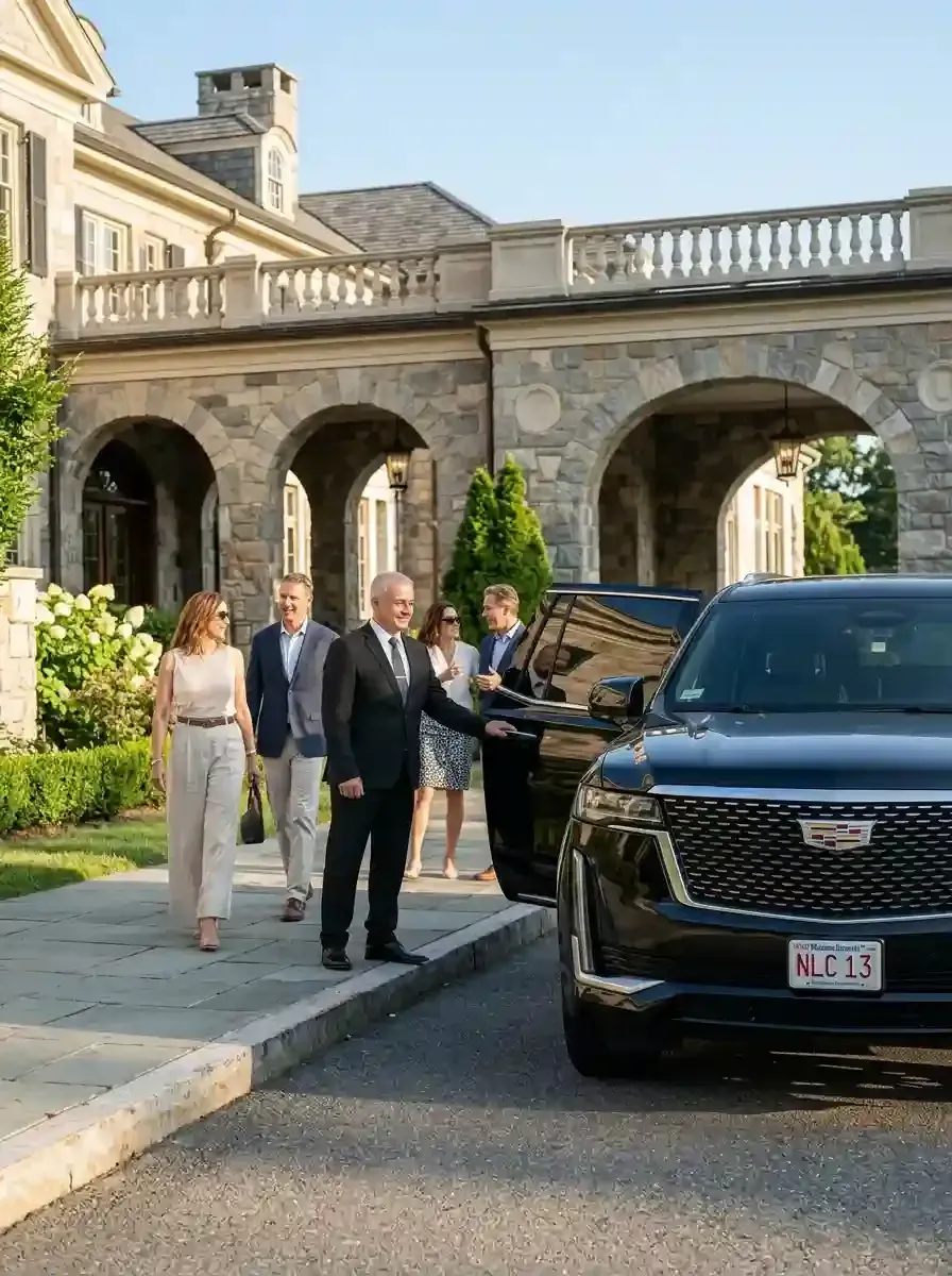 Professional chauffeur assisting passengers with luxury black car transportation in Needham, Massachusetts