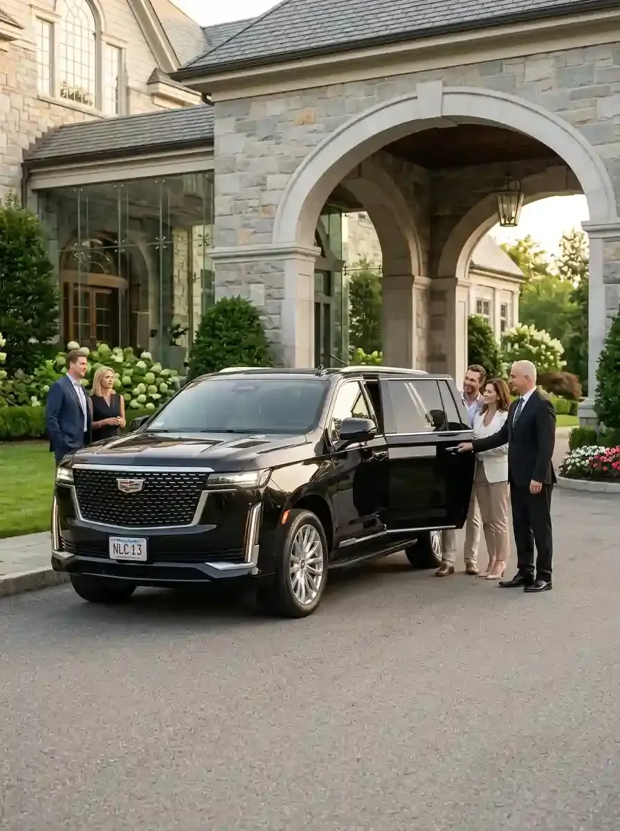 Professional chauffeur assisting passengers with luxury black car transportation in Newburyport, Massachusetts