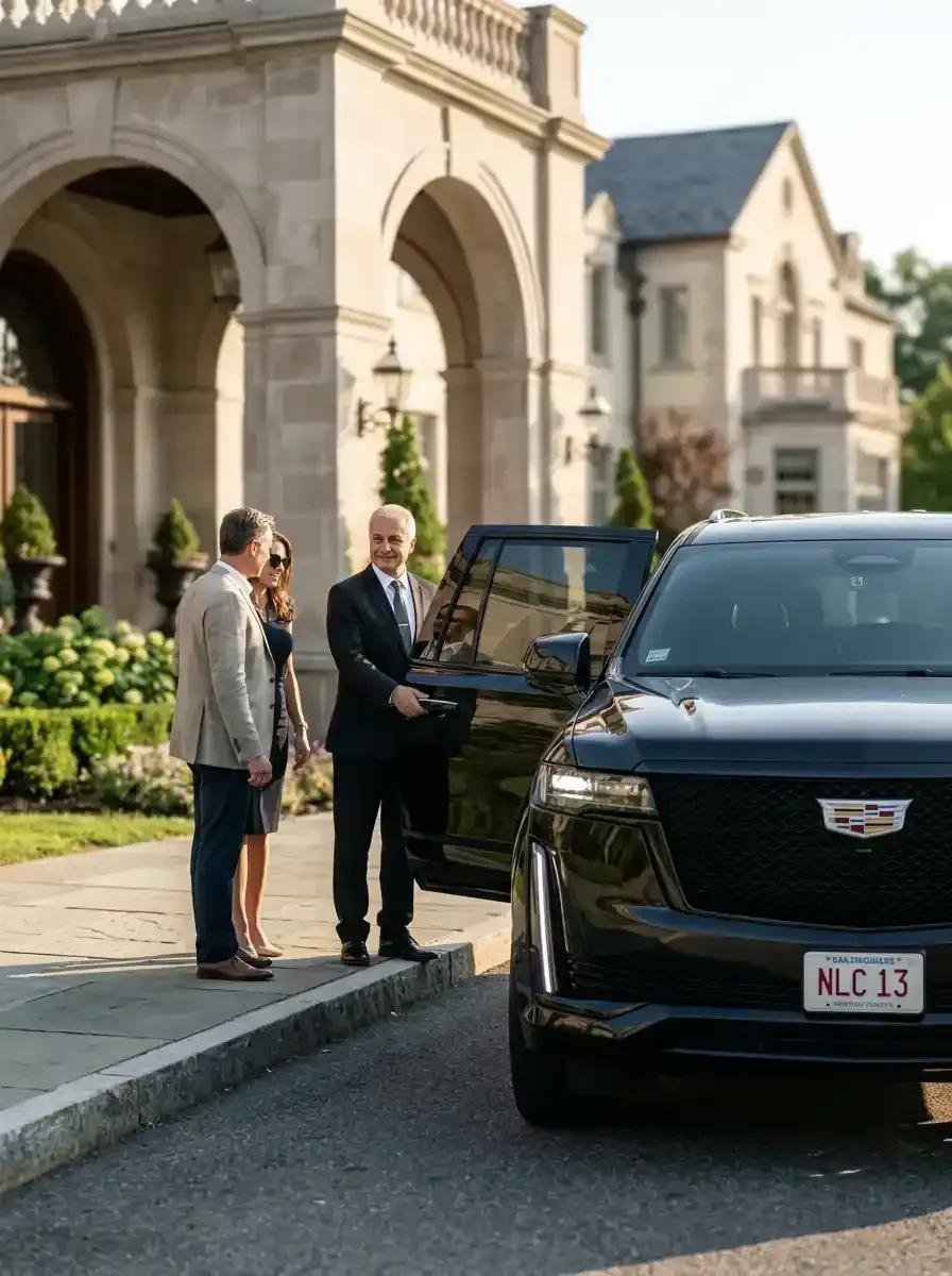 Professional chauffeur assisting passengers with luxury black car transportation in Northborough, Massachusetts