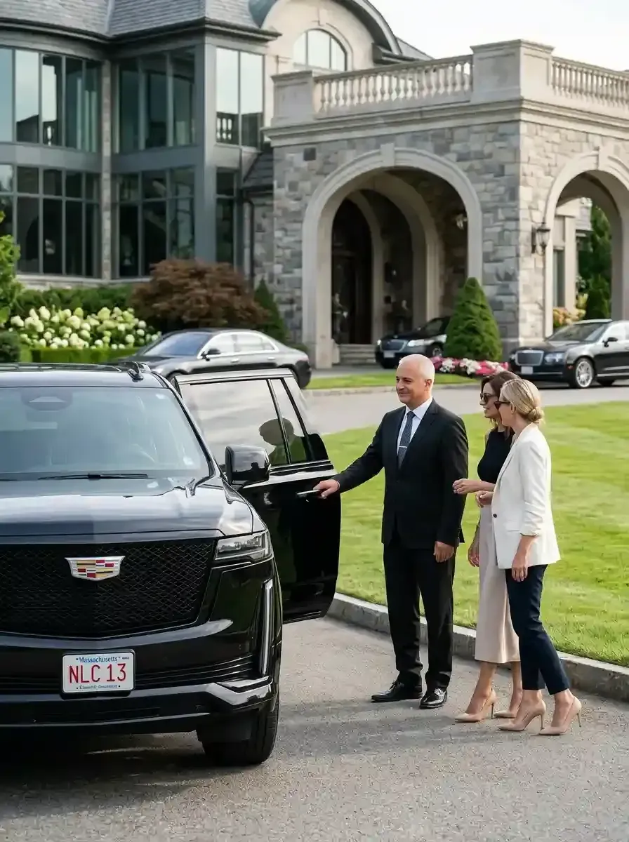Professional chauffeur assisting passengers with luxury black car transportation in Norwood, Massachusetts