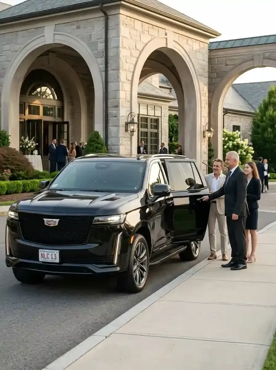 Professional chauffeur assisting passengers with luxury black car transportation in Peabody, Massachusetts