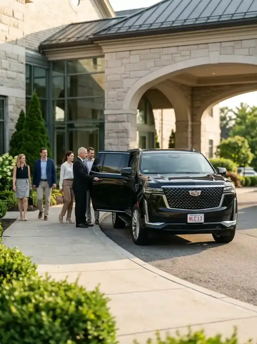 Professional chauffeur opening a luxury black SUV for passengers in Rockport, Massachusetts