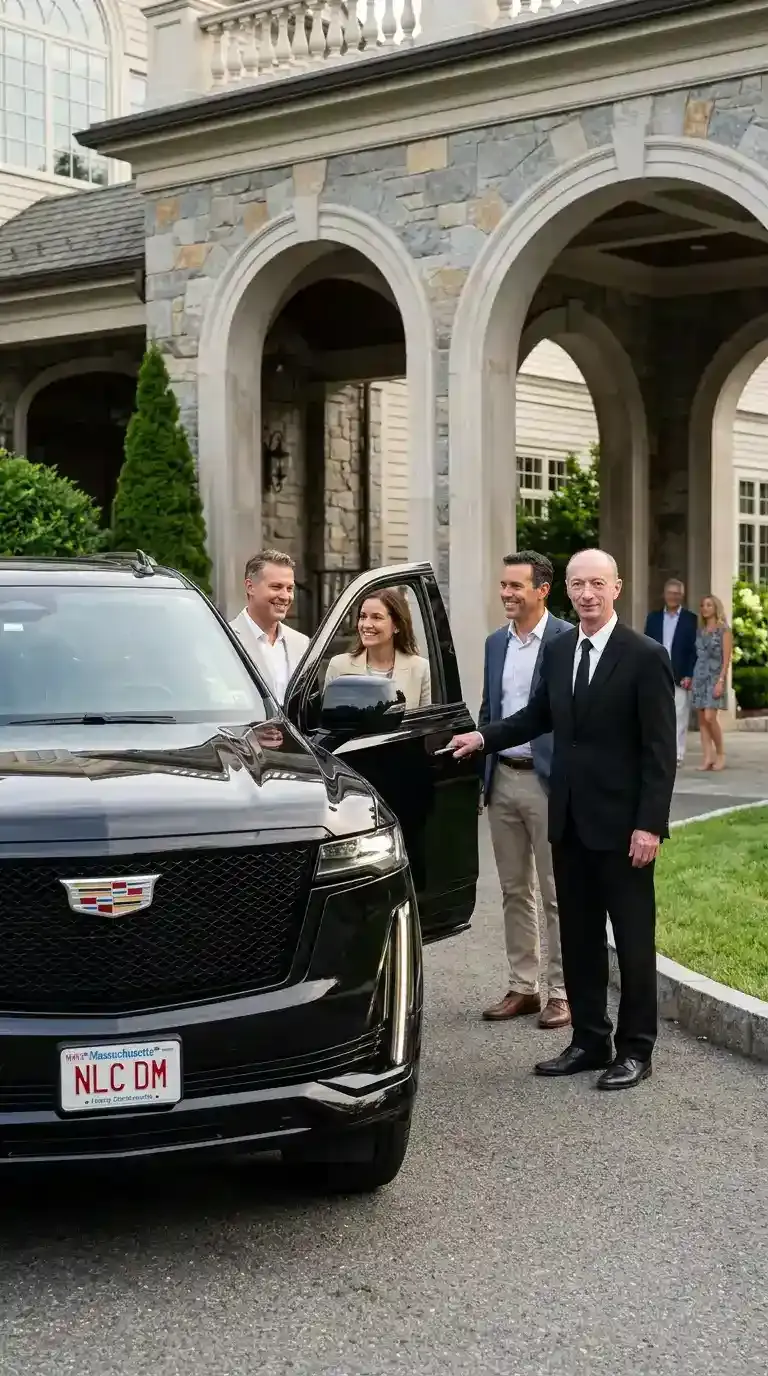 Professional chauffeur assisting passengers with luxury black car transportation in Stoneham, Massachusetts