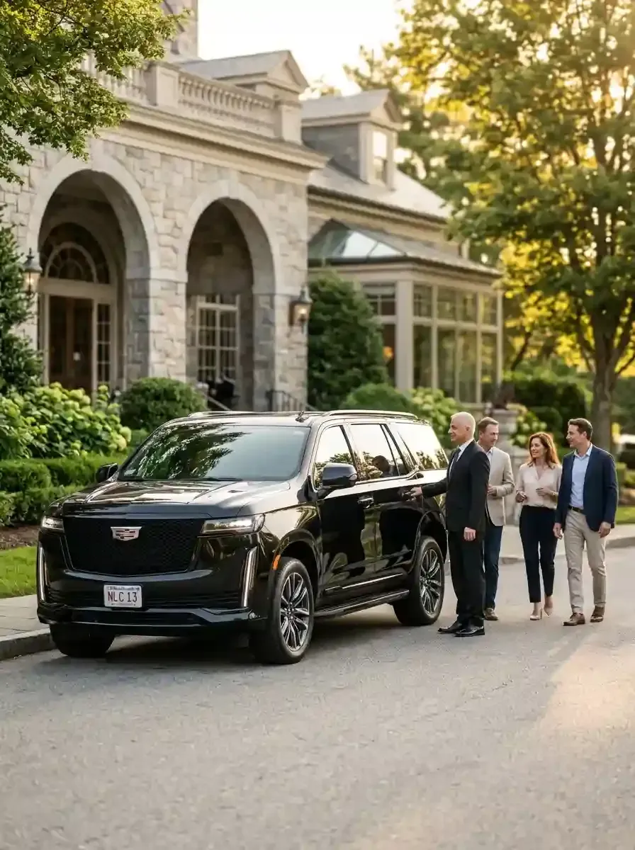 Professional chauffeur assisting passengers with luxury black car transportation in Wakefield, Massachusetts