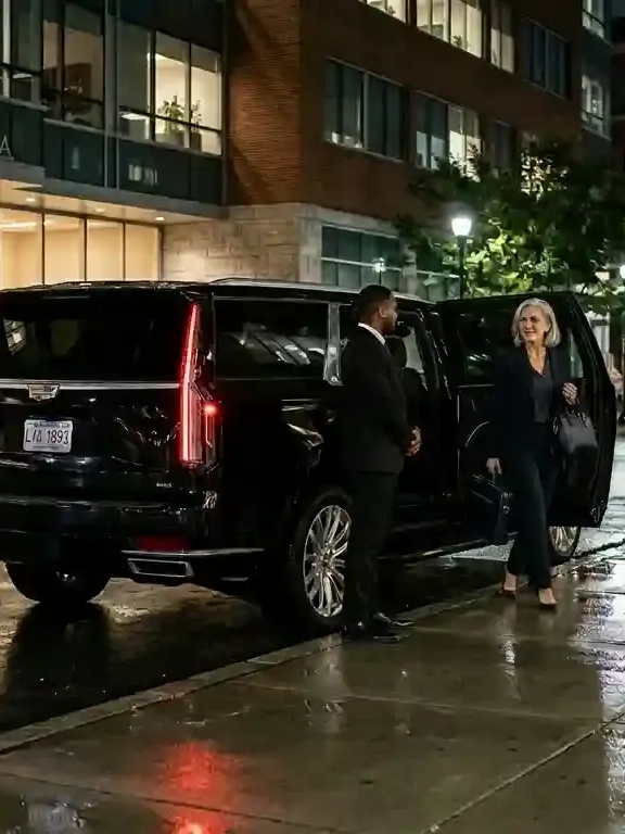 Professional chauffeur assisting passengers with luxury black car service in Waltham, Massachusetts