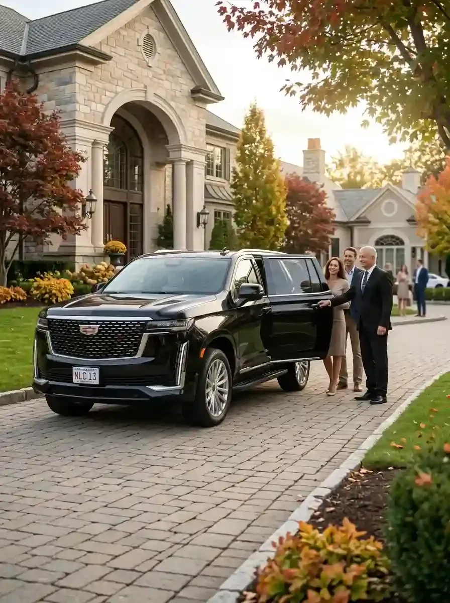 Professional chauffeur assisting passengers with luxury black car transportation in Westborough, Massachusetts