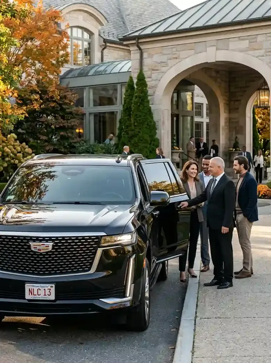 Professional chauffeur assisting passengers with luxury black car transportation in Woburn, Massachusetts
