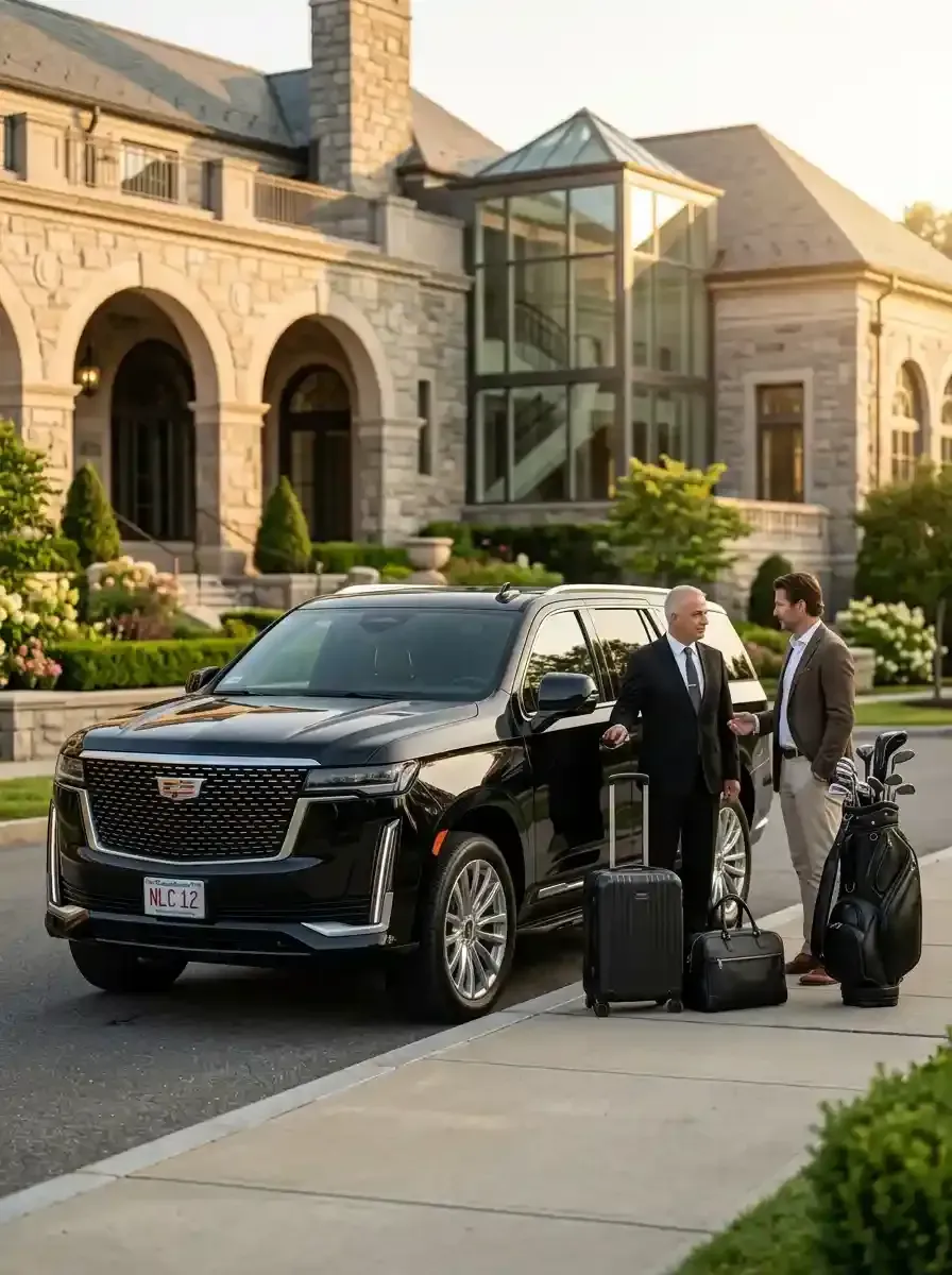Traveler with luggage using private black car service from Rockport to Boston Logan International Airport