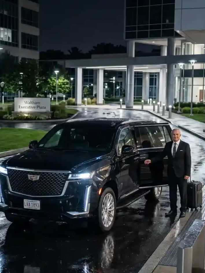 Executive traveler using private black car service from Waltham to Boston Logan International Airport
