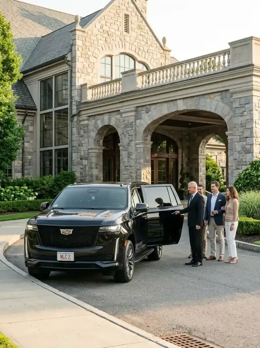 Professional chauffeur assisting passengers with luxury black car service in Wellesley, Massachusetts
