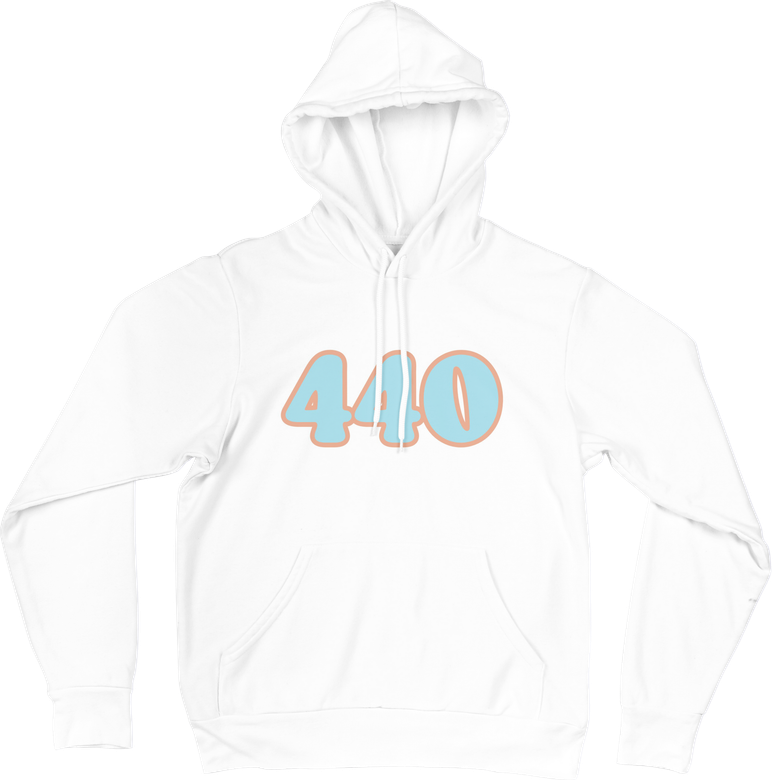 White hoodie with "440" in blue with a tan outline on the chest.
