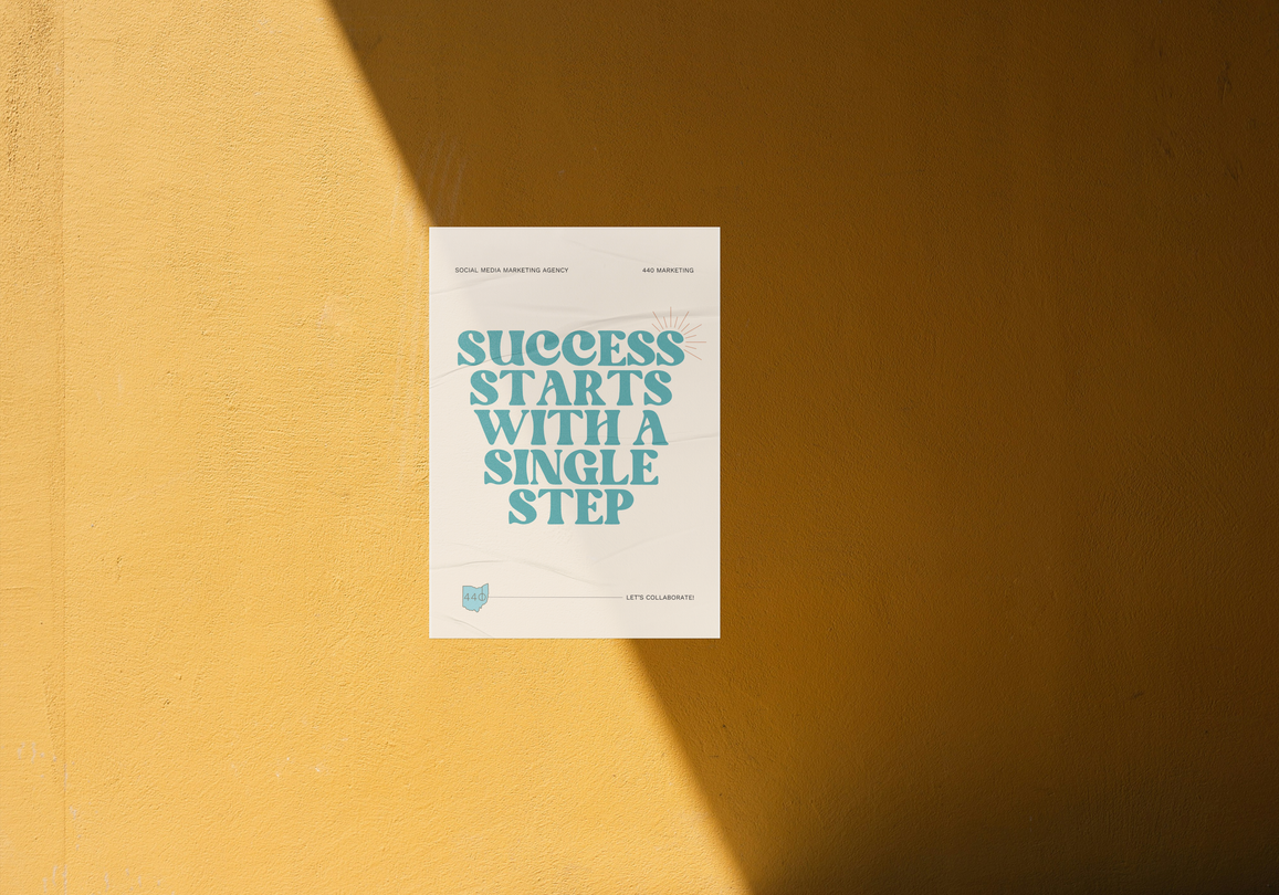 Poster on a yellow wall: "Success starts with a single step" in turquoise. Shadow across the wall.