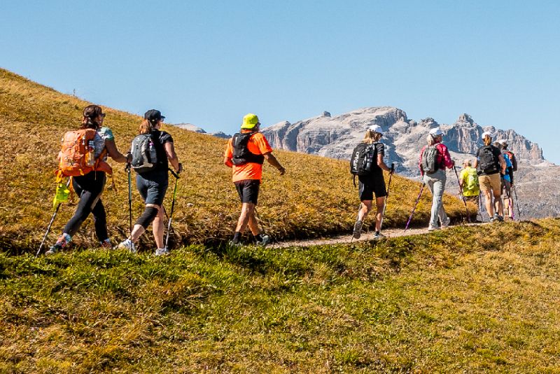 Hikers on a grassy mountain path with a backdrop of rocky mountains and clear blue sky.