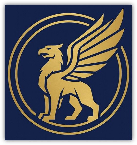 Grifo dorado dentro de un círculo con líneas doradas sobre un fondo azul oscuro.