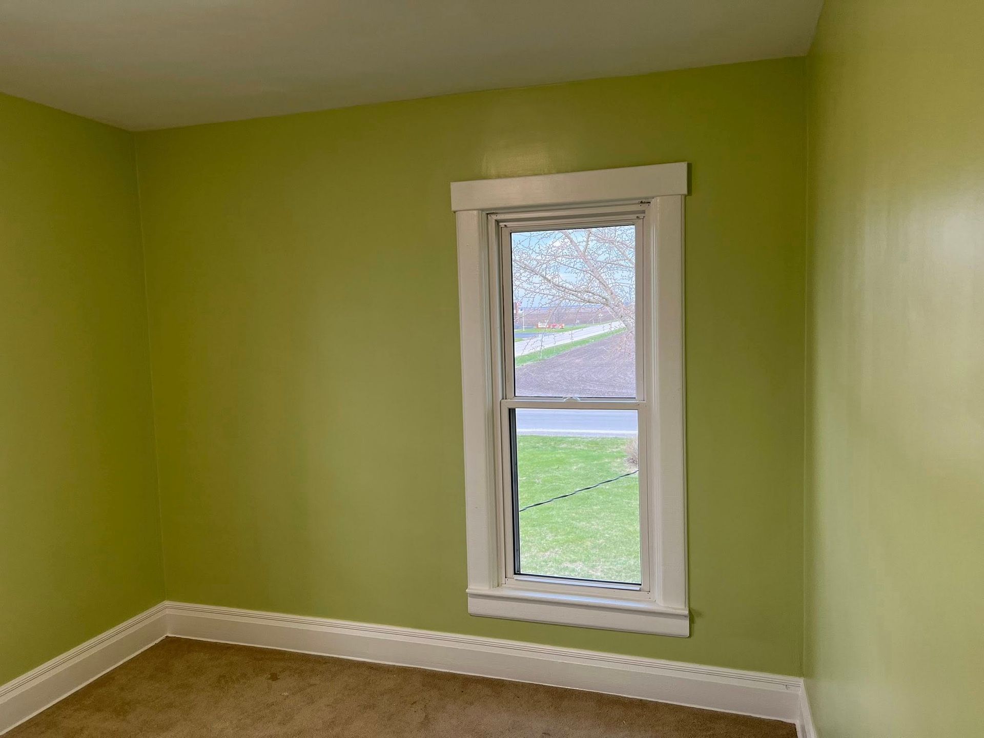 Small empty room with lime-green walls, white trim, and a single window.