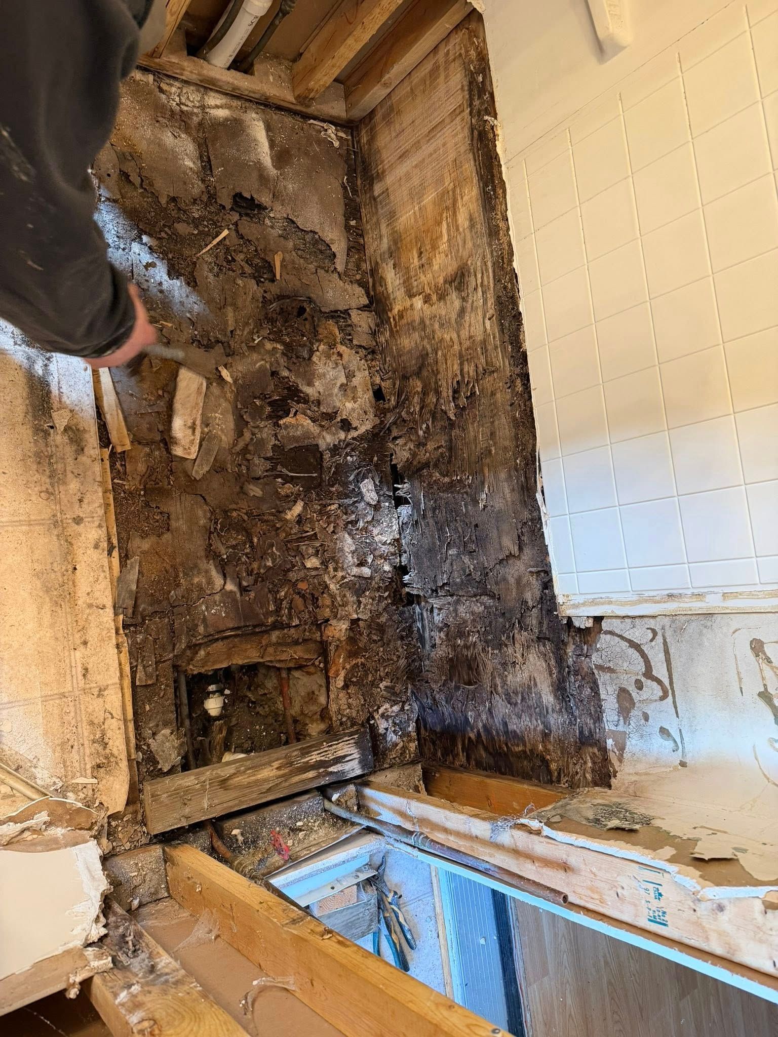 Damaged wall cavity with heavy mold and water damage beside a window and open floor opening