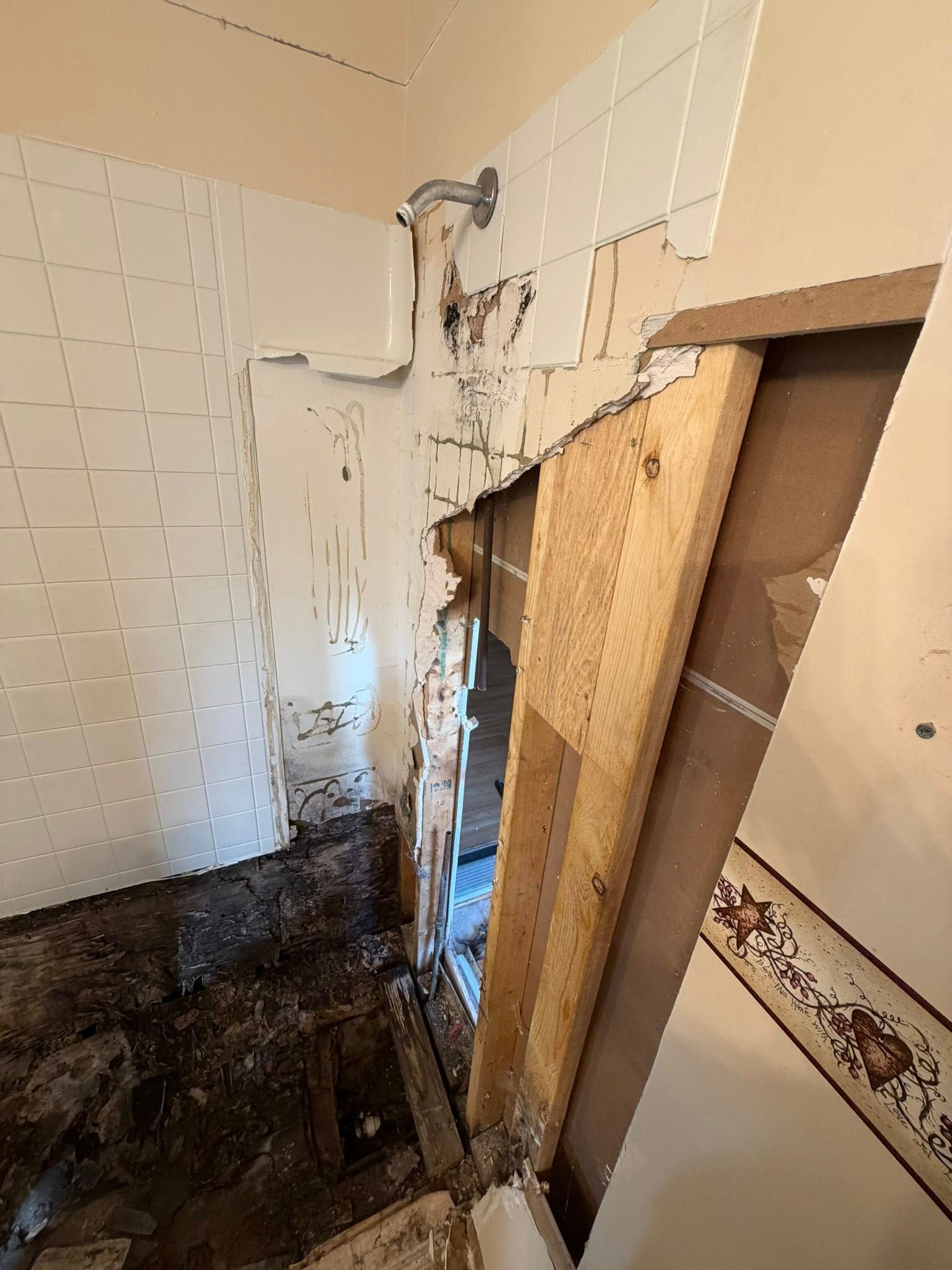 Damaged bathroom wall with exposed framing, peeling plaster, and water stains near the shower area