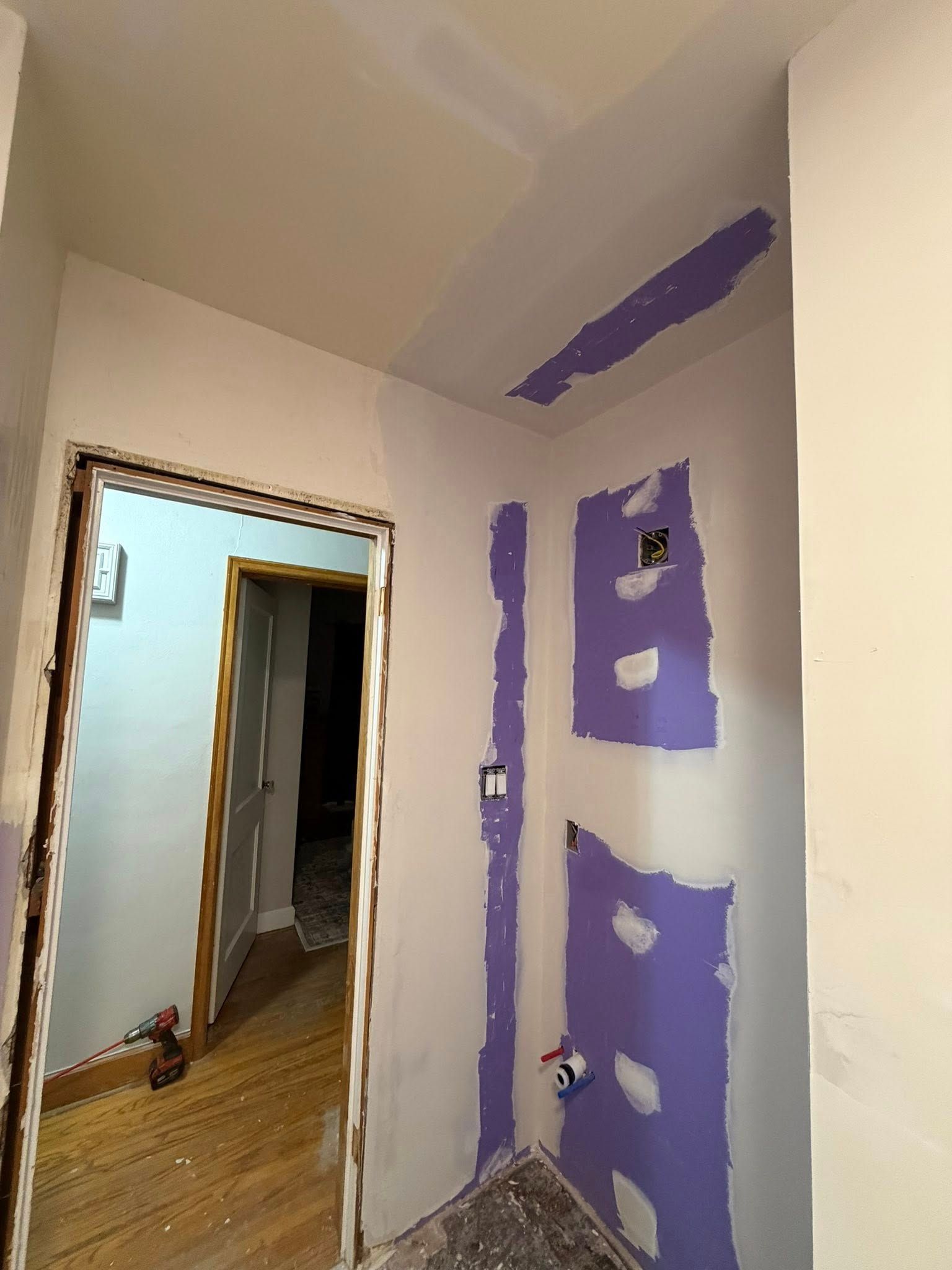 Partially painted hallway with white walls, purple patchwork, and a doorway opening to another room.