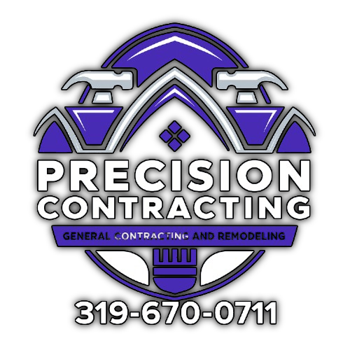 Precision Contracting logo in purple and gray with phone number 319-670-0711