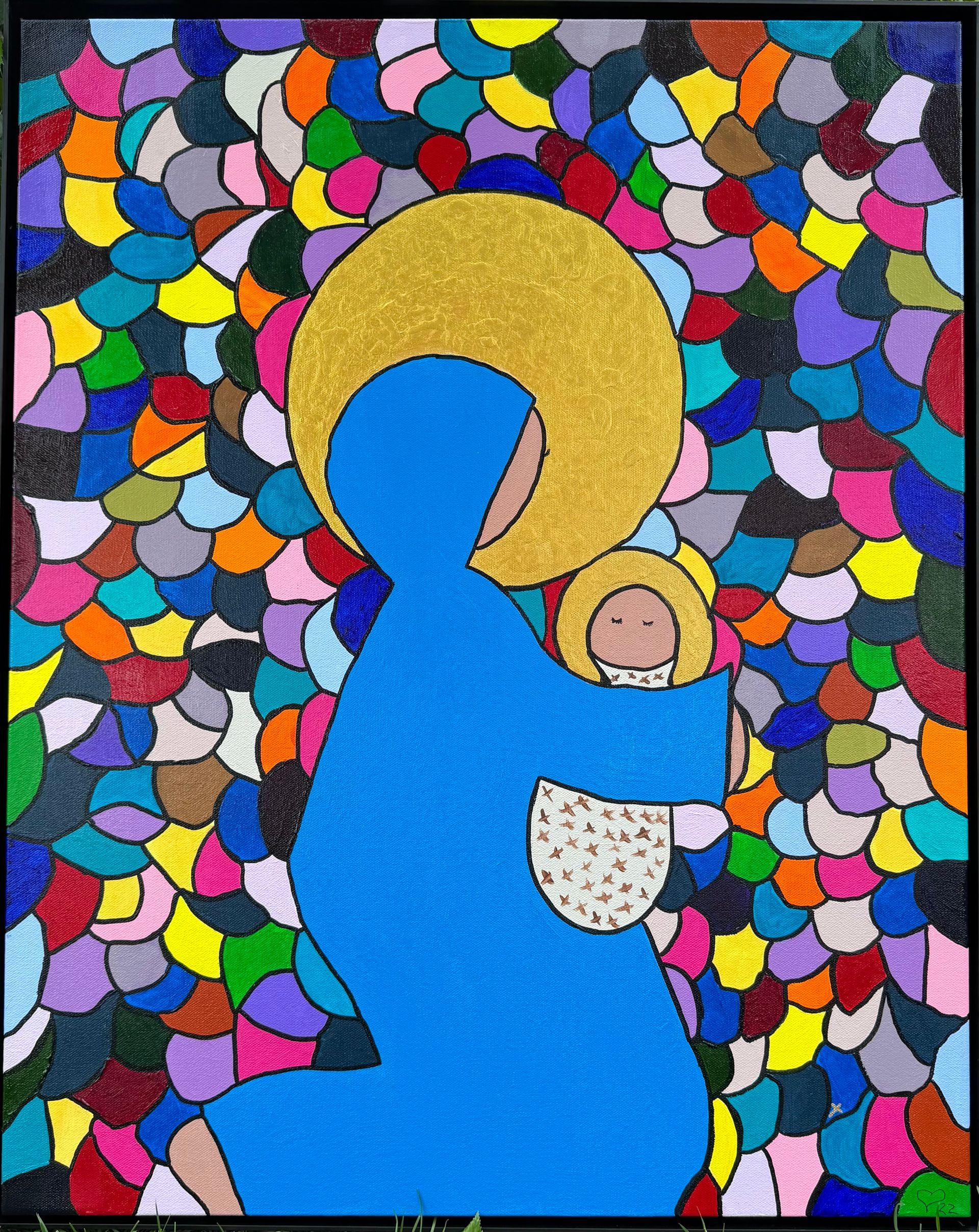 Bathed in luminous colour and sacred stillness, Divine Mosaic – Held in Grace reimagines the timeless image of Mary and the Christ child through the language of contemporary abstraction. Surrounded by a mosaic of vibrant, stained-glass-like forms, the figures emerge not in elaborate detail, but in quiet essence — symbolizing love, protection, peace, and divine presence.
The gold halos radiate warmth and spiritual light, while the simplified forms invite viewers of every background to connect emotionally with the universal bond between mother and child. The surrounding fragments of colour represent humanity itself: diverse, imperfect, interconnected, and held together through grace.