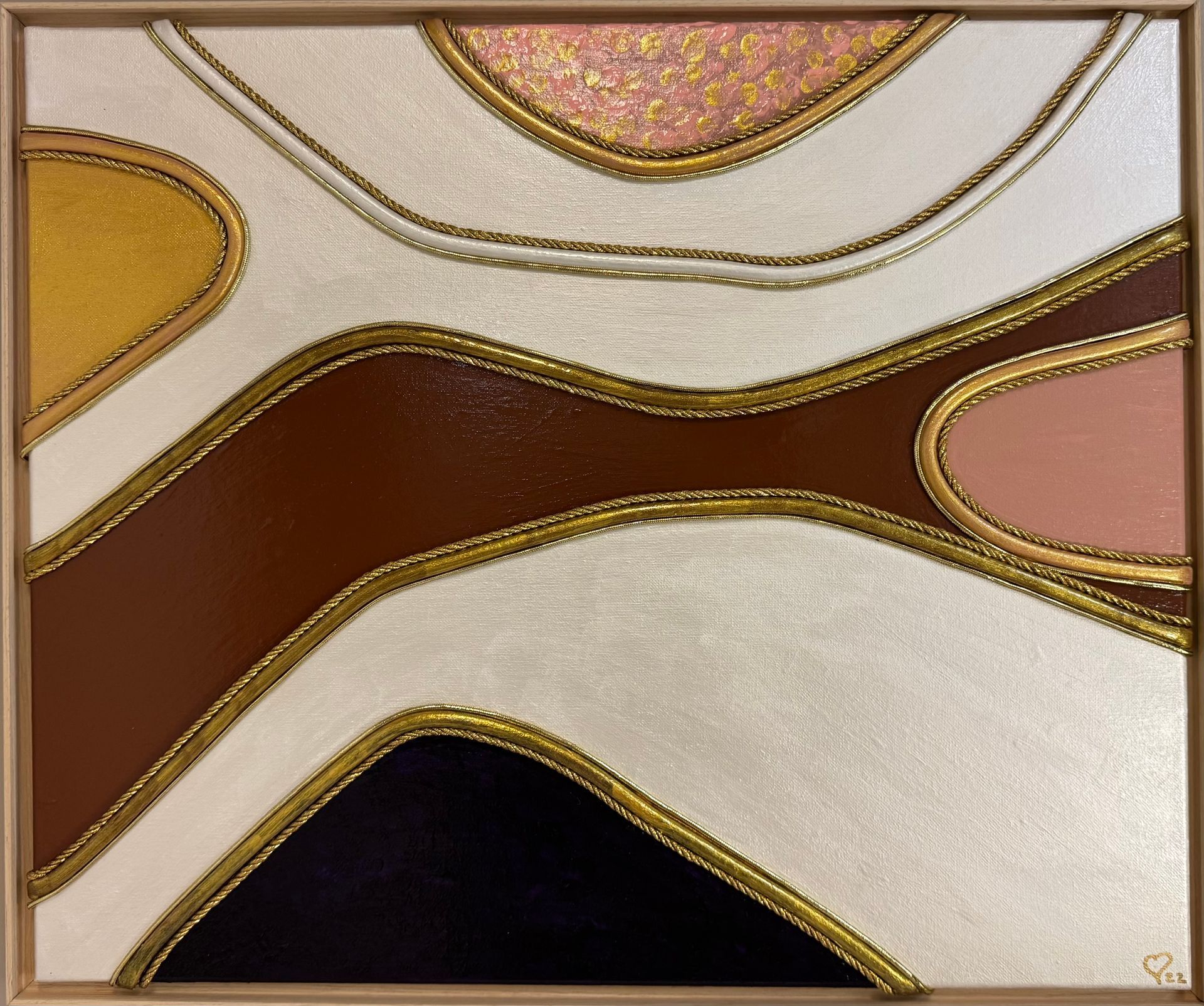 Flowing lines, rich earth tones, and gilded pathways weave together in Veins of Gold, a contemporary mixed-media abstract that explores the hidden connections that shape our lives.
Just as veins of precious metal run beneath the surface of the earth, the most valuable parts of our journey are often unseen—relationships, experiences, and moments that quietly guide us forward.
Finished in a birch-toned metallic floating frame, this 20” x 24” piece combines warmth, texture, and movement to create a sense of both strength and serenity.