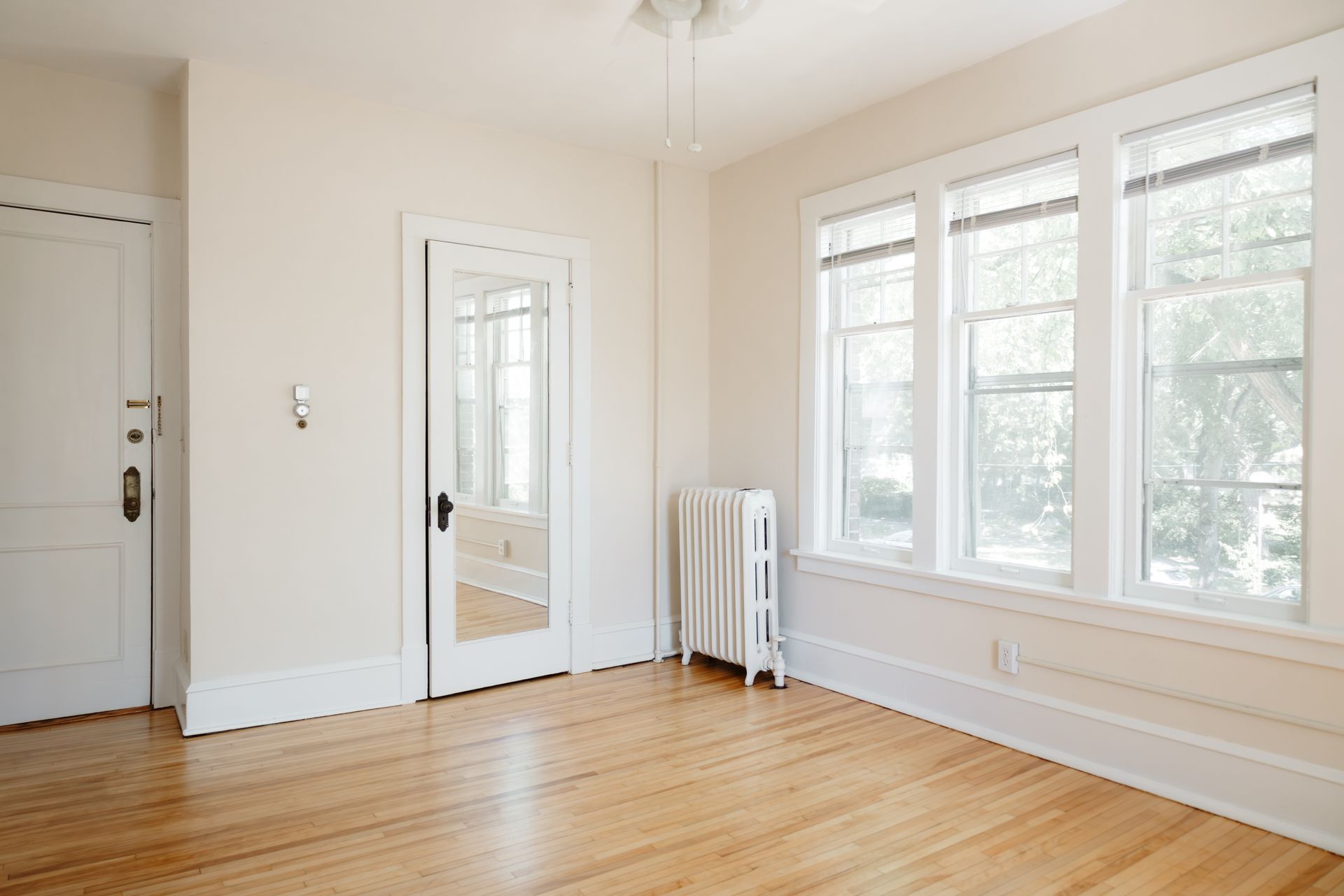 Vintage apartment living room with huge set of windows, a mirrored door, an old fashioned radiator, and hardwood floors. Apartments in Linden Hills by RightMove Properties.