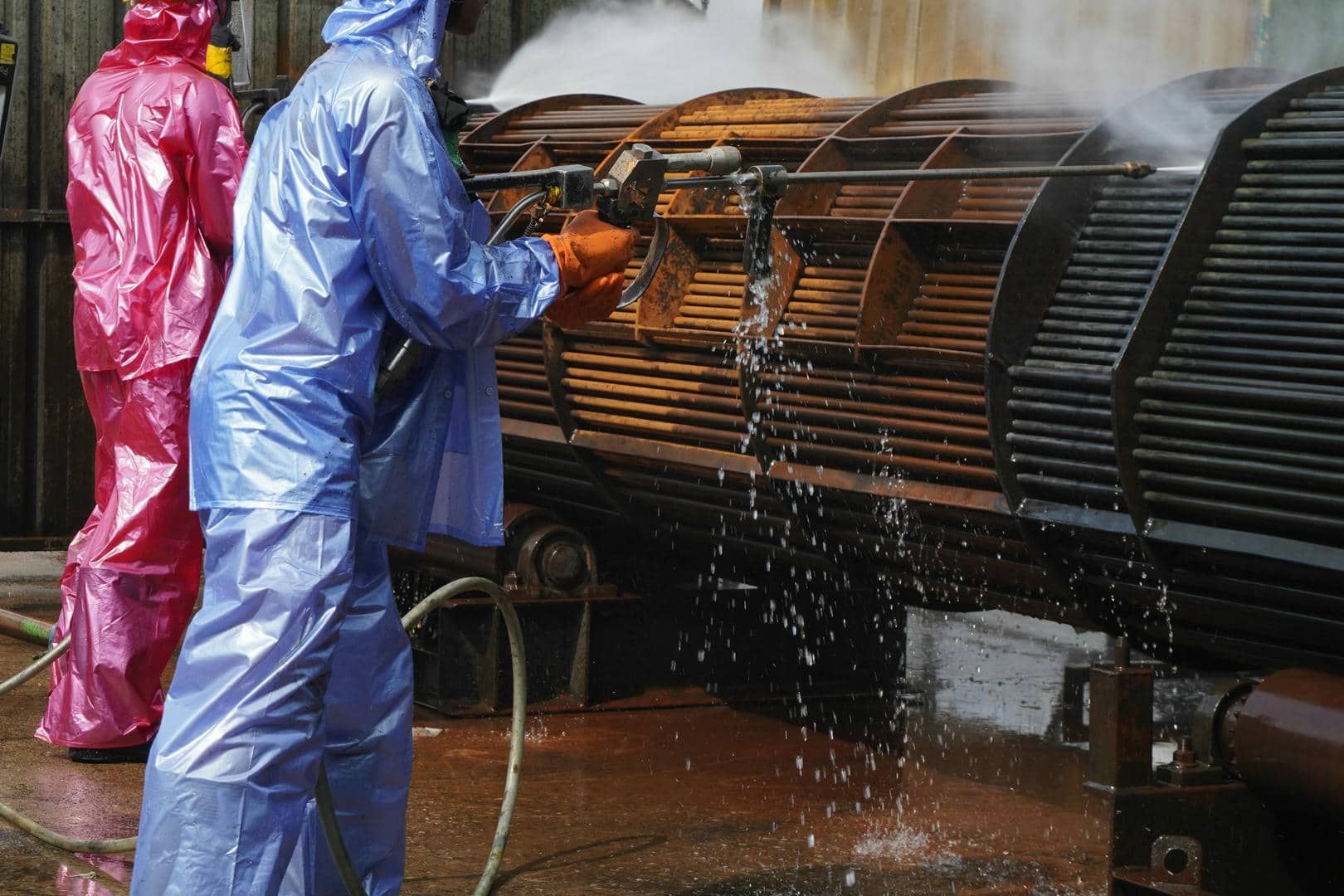 A man in a blue suit is spraying water on a pipe.