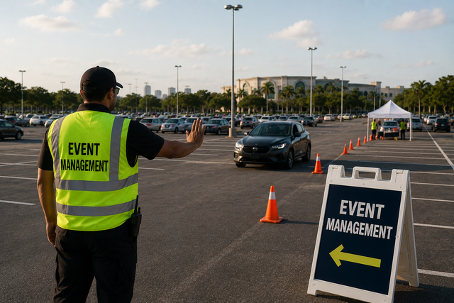 Event parking attendant directing cars in a sunny outdoor lot with cones and a signboard.