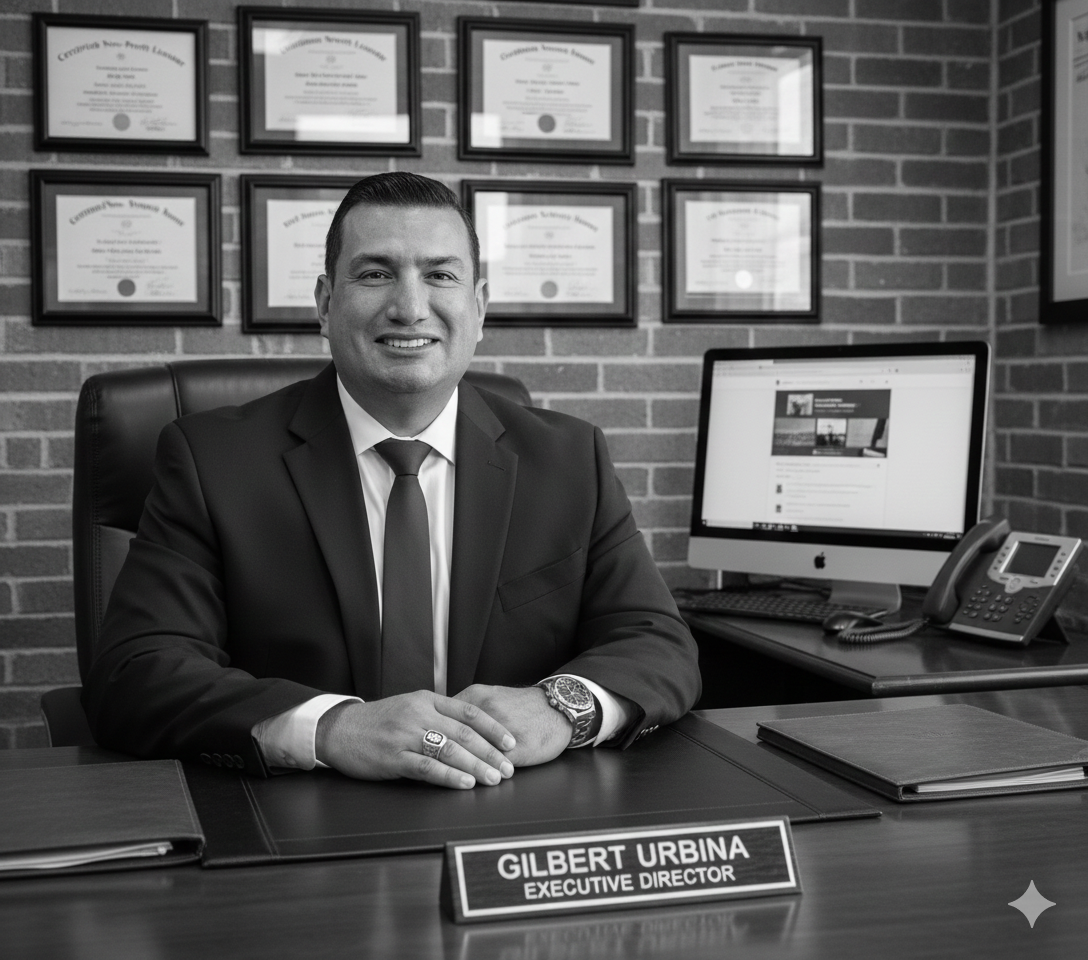 Businessman seated at desk in an office, with framed certificates on the wall and a computer beside him.